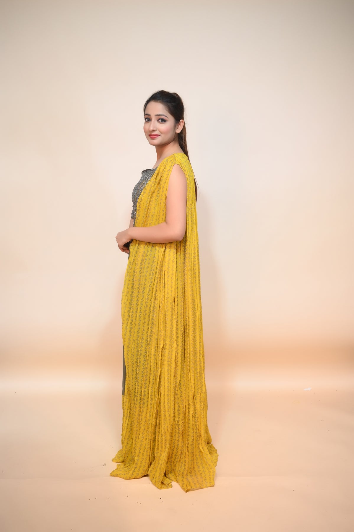 Stylish Green and Yellow Georgette Dress - Captivating Mirror Work and Cut Dana