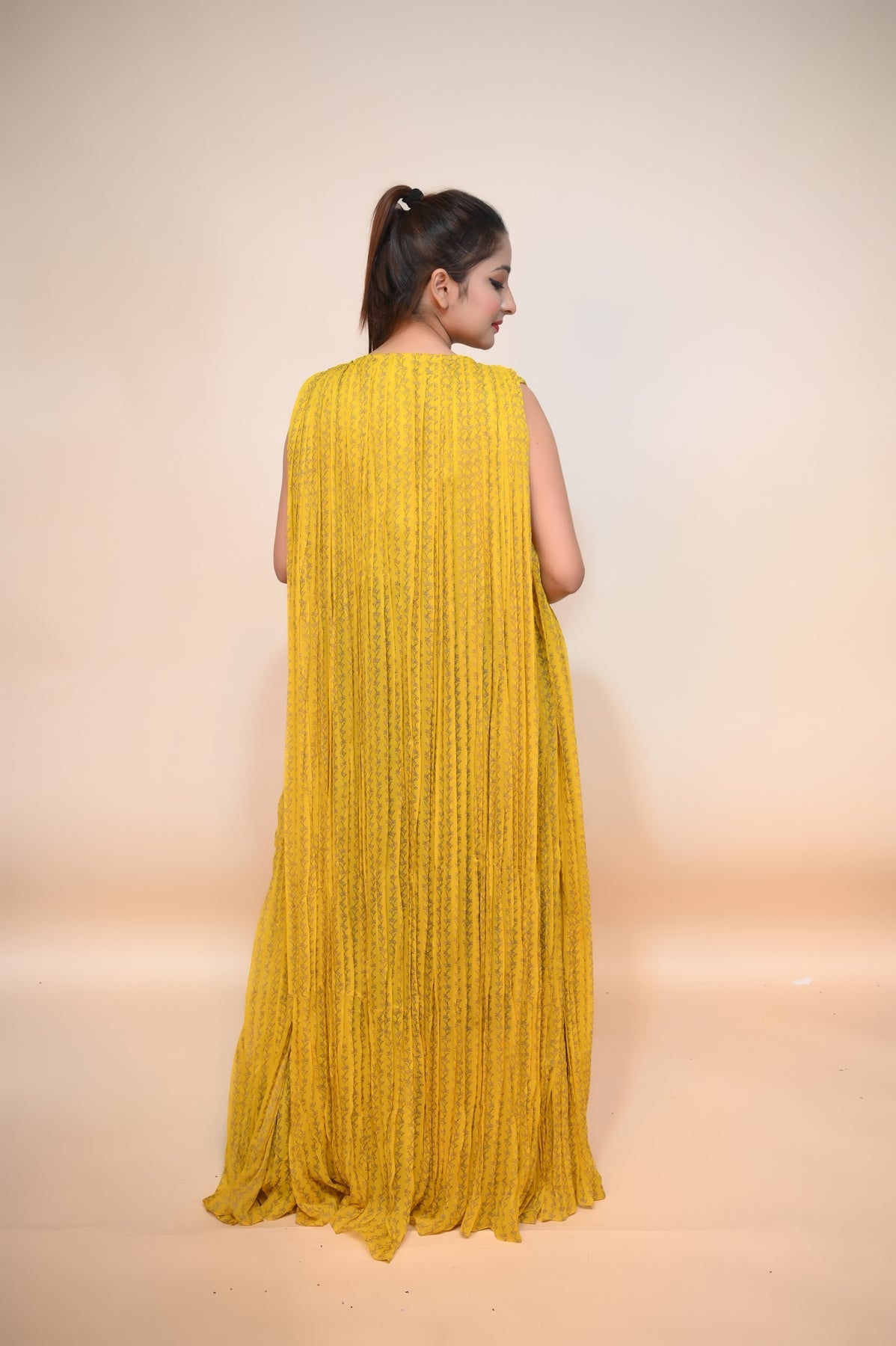 Stylish Green and Yellow Georgette Dress - Captivating Mirror Work and Cut Dana