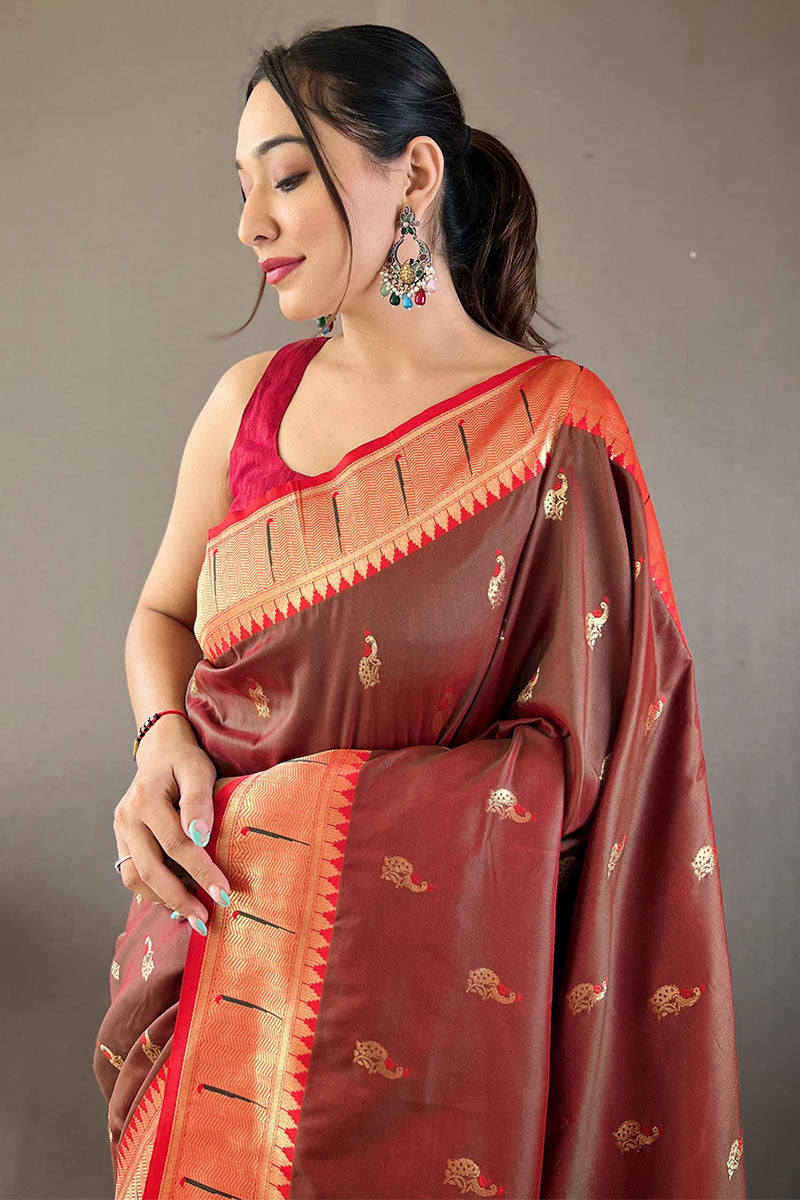 Staggering Wine Paithani Silk Saree With Incredible Blouse Piece