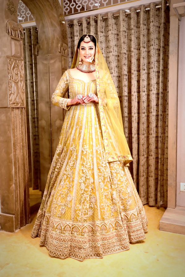 Adorable Yellow Color Floral Motif Hand-Embroidered Dress