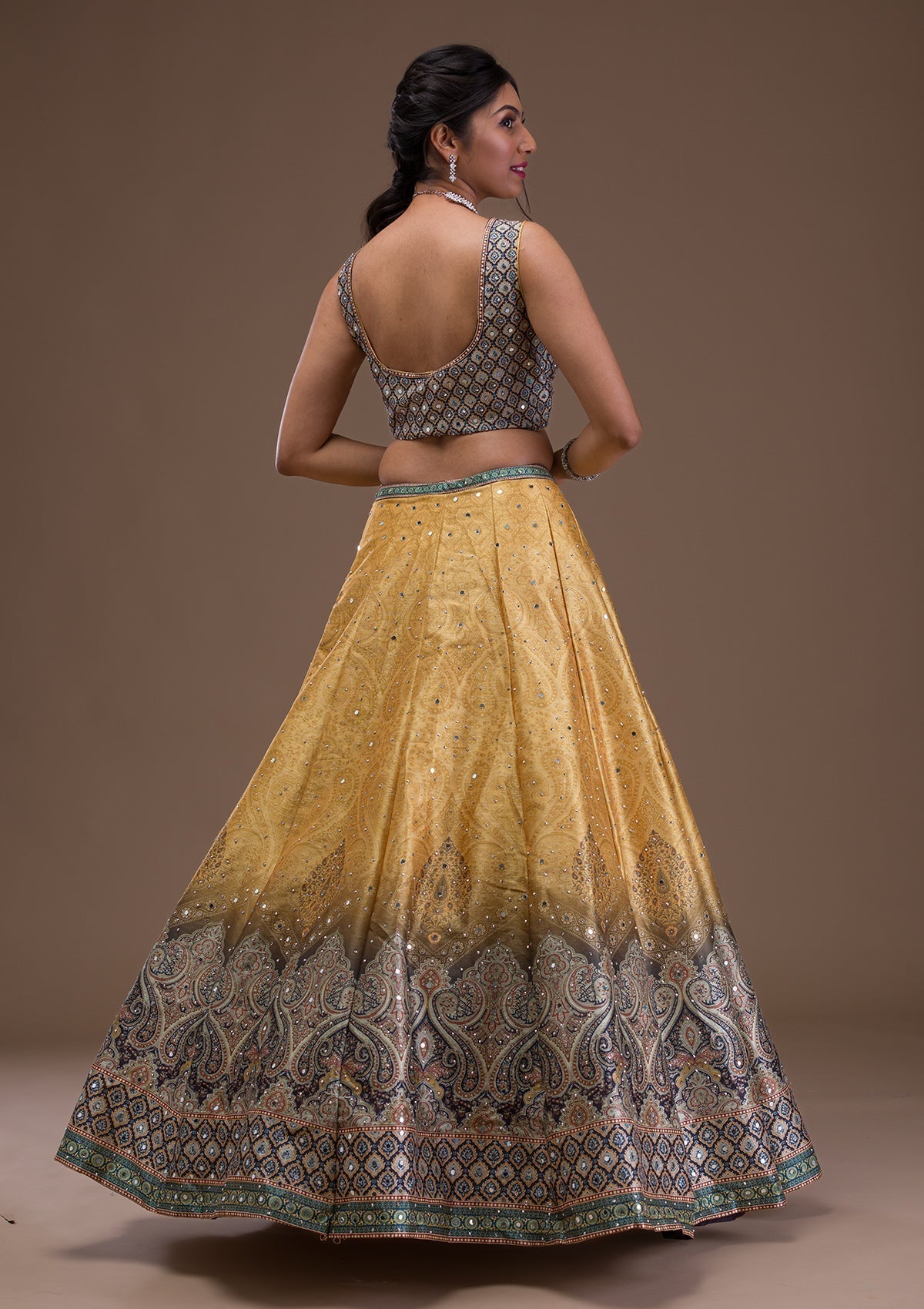 Mustard Mirrorwork Banarasi Readymade Lehenga