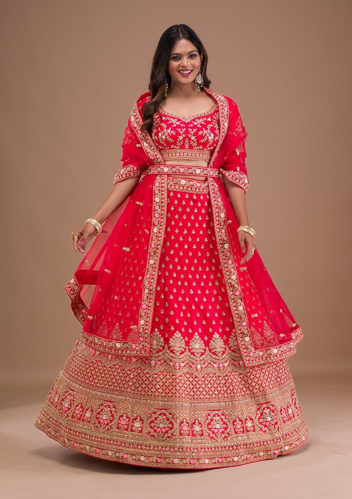 Red Zariwork Raw Silk Readymade Lehenga