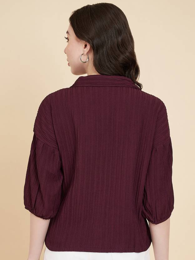 Casual Puff Sleeves Self Design Women Purple Top