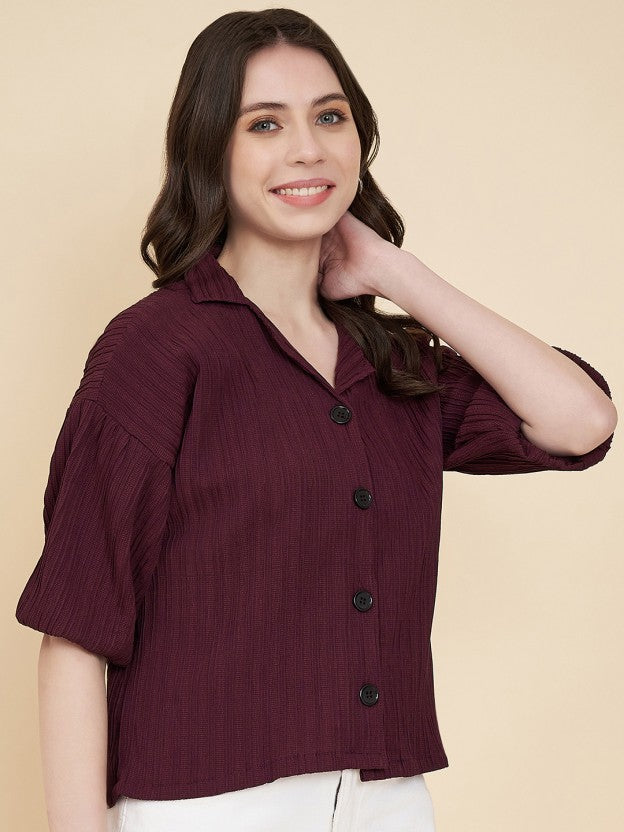 Casual Puff Sleeves Self Design Women Purple Top