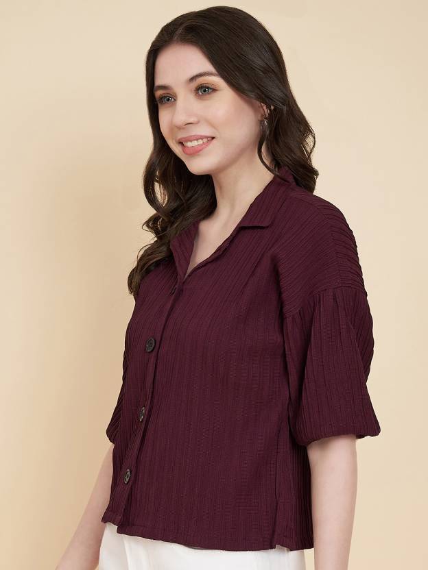 Casual Puff Sleeves Self Design Women Purple Top