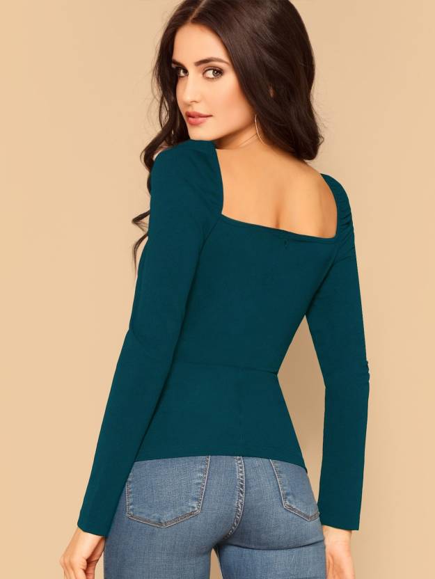 Casual Regular Sleeves Solid Women Dark Blue Top