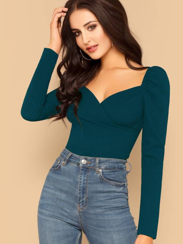 Casual Regular Sleeves Solid Women Dark Blue Top