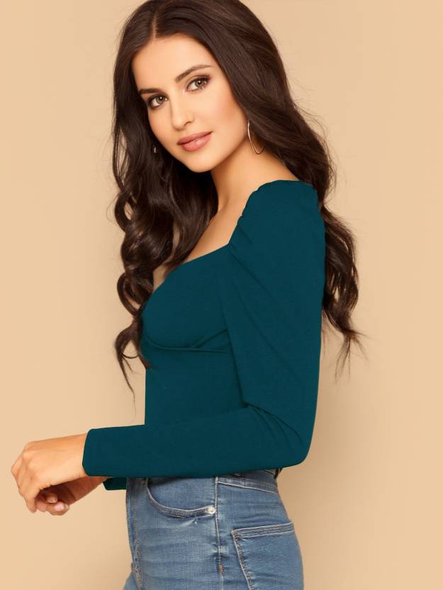 Casual Regular Sleeves Solid Women Dark Blue Top