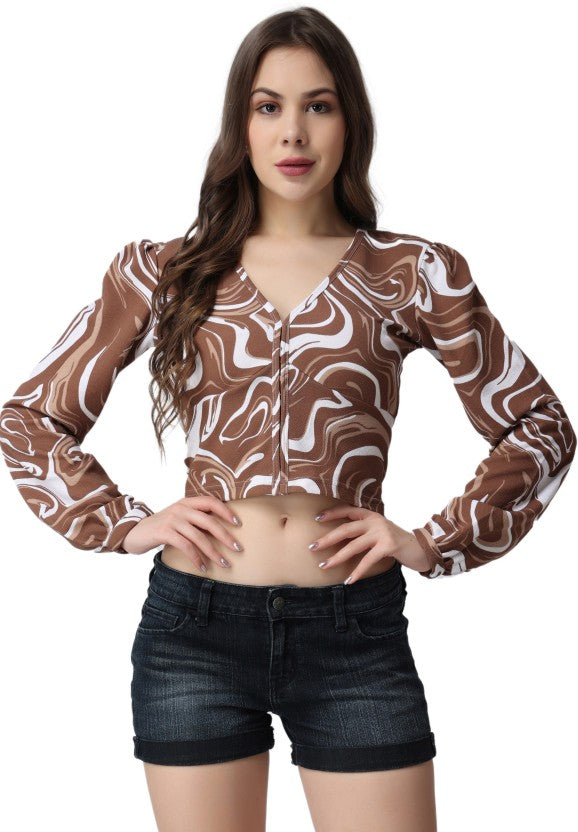 Casual Regular Sleeves Printed Women Brown Top