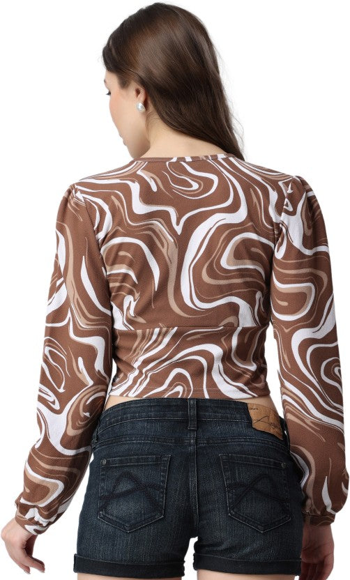 Casual Regular Sleeves Printed Women Brown Top