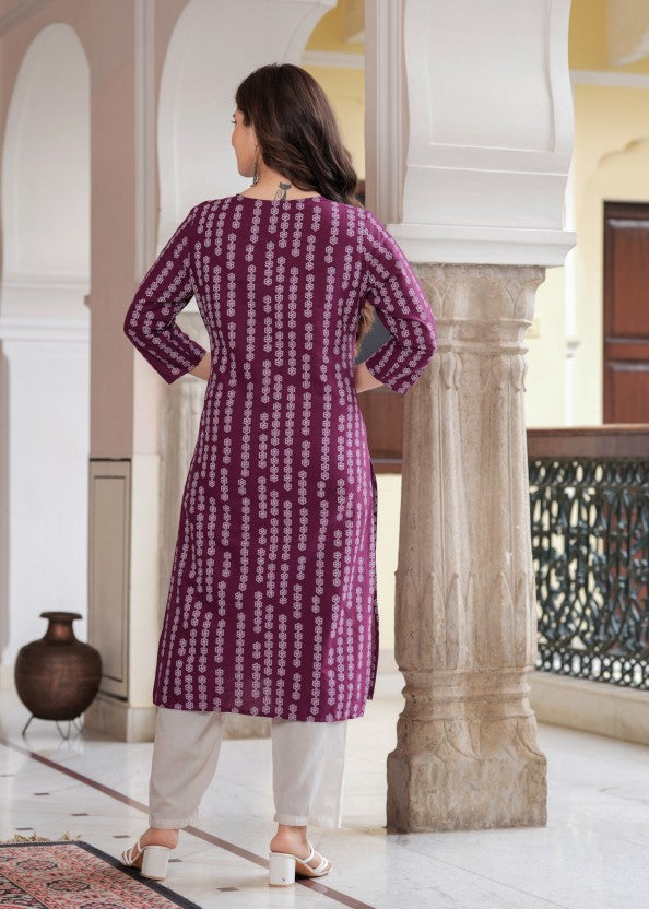 Women's Purple Floral Print Pure Cotton Straight Kurta