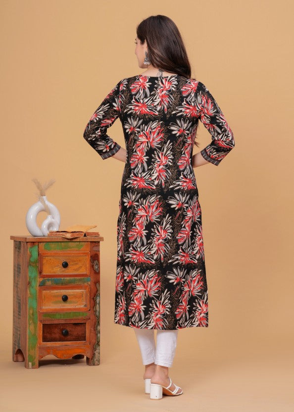 Women Black & Red Self Design Viscose Rayon Straight Kurta