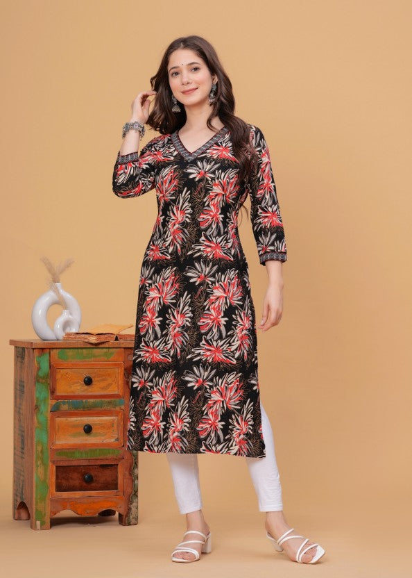 Women Black & Red Self Design Viscose Rayon Straight Kurta