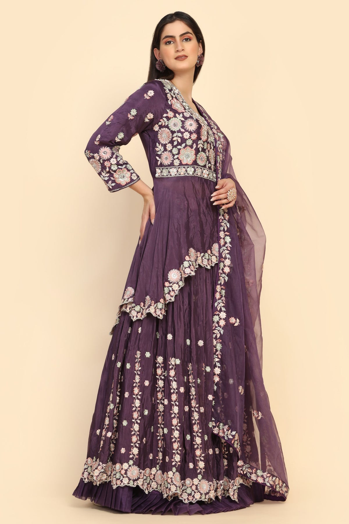elegant purple color floral motif embroidered lehenga set