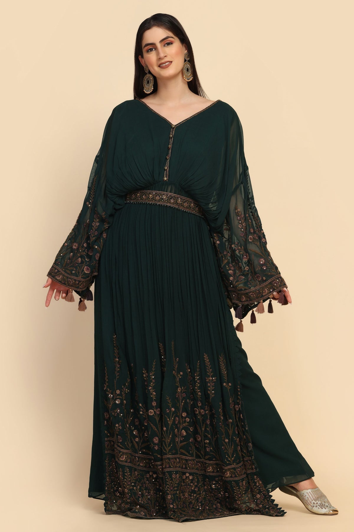 Classic Green Color Dress With Stylish Sleeves