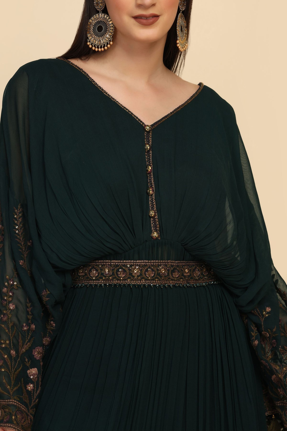 Classic Green Color Dress With Stylish Sleeves