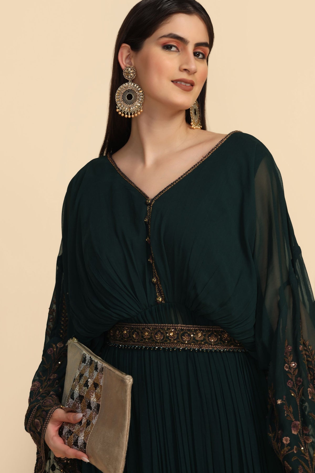 Classic Green Color Dress With Stylish Sleeves