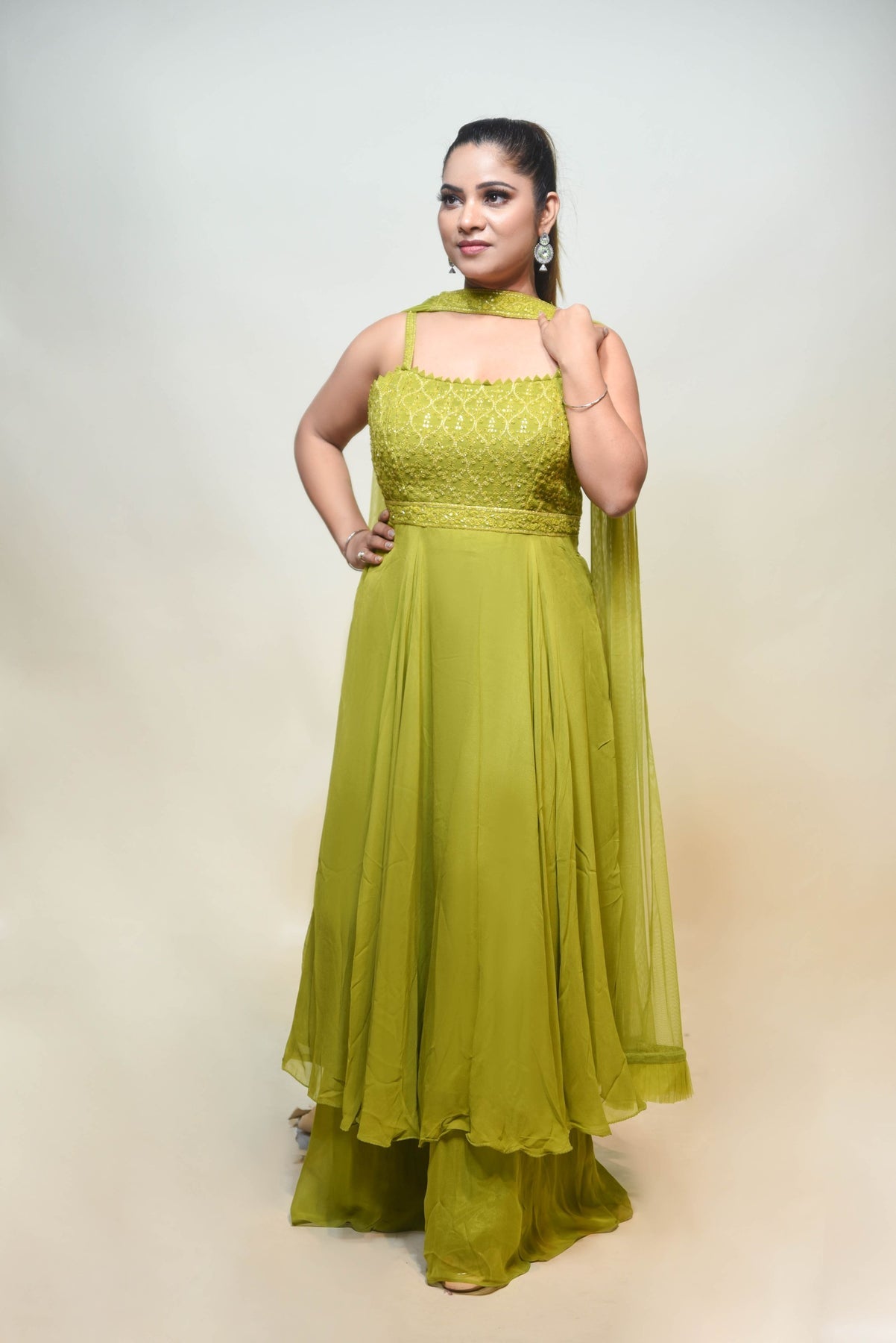 elegant green color floral motif sharara set