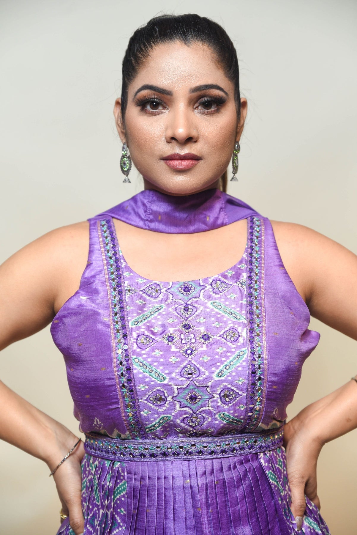 stylish purple color geometrical motif peplum top & sharara set