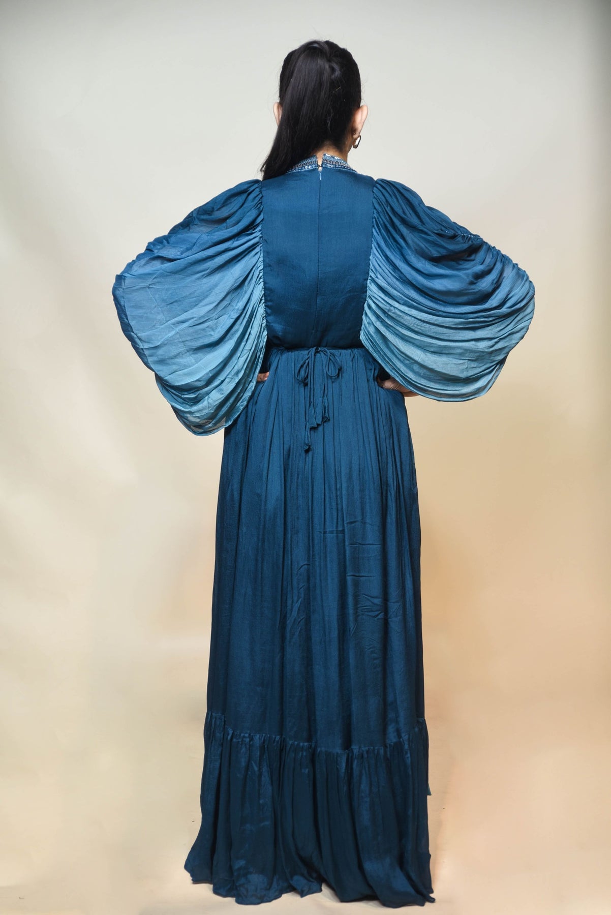 classic blue color floral motif with curtain sleeves