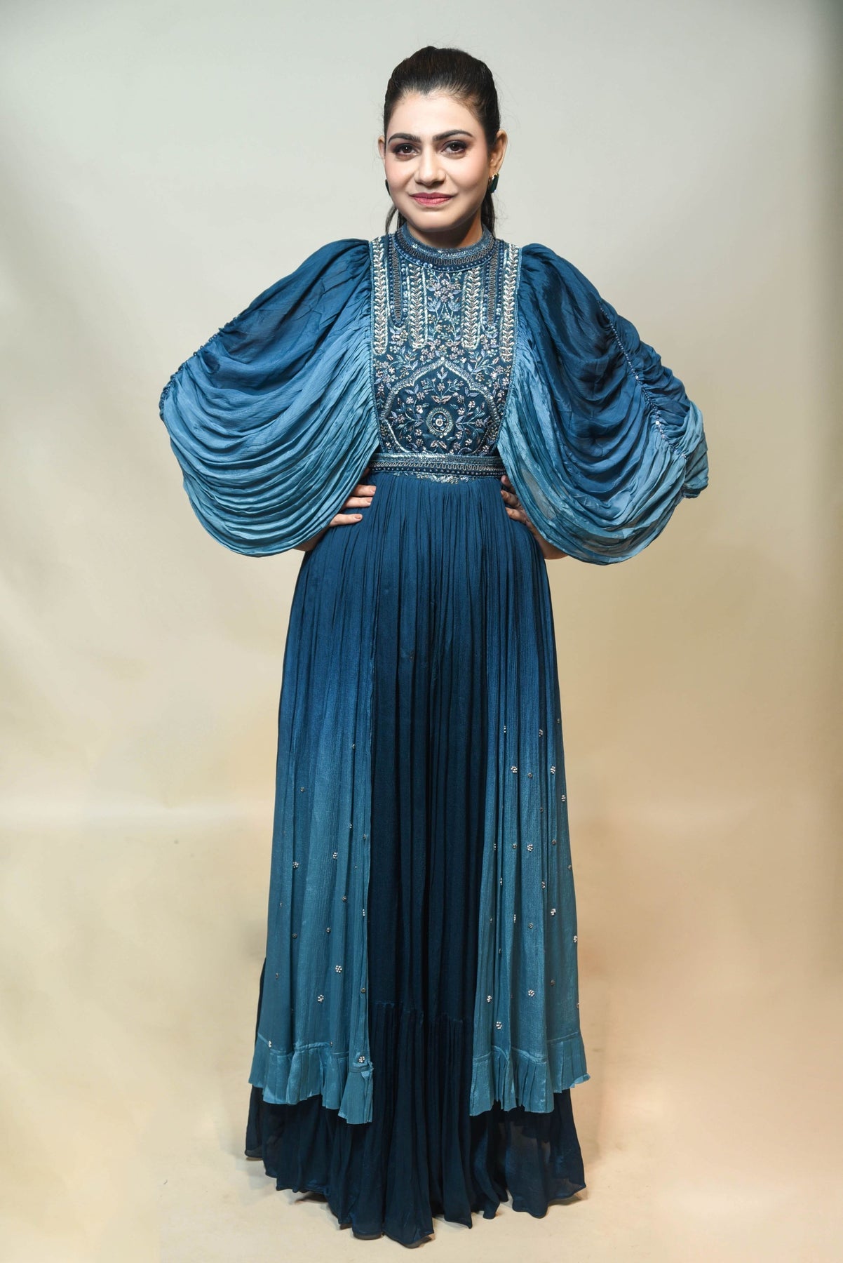 classic blue color floral motif with curtain sleeves