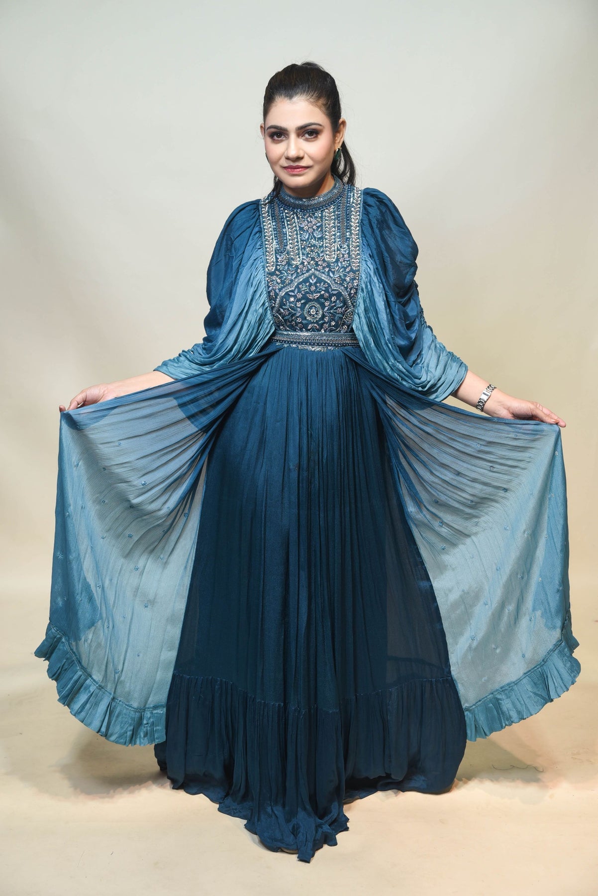 classic blue color floral motif with curtain sleeves