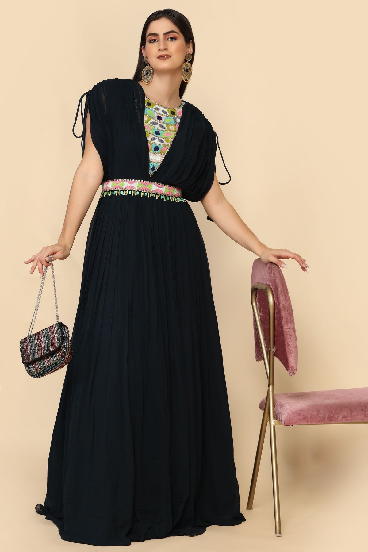 classic black color dress with curtain sleeves