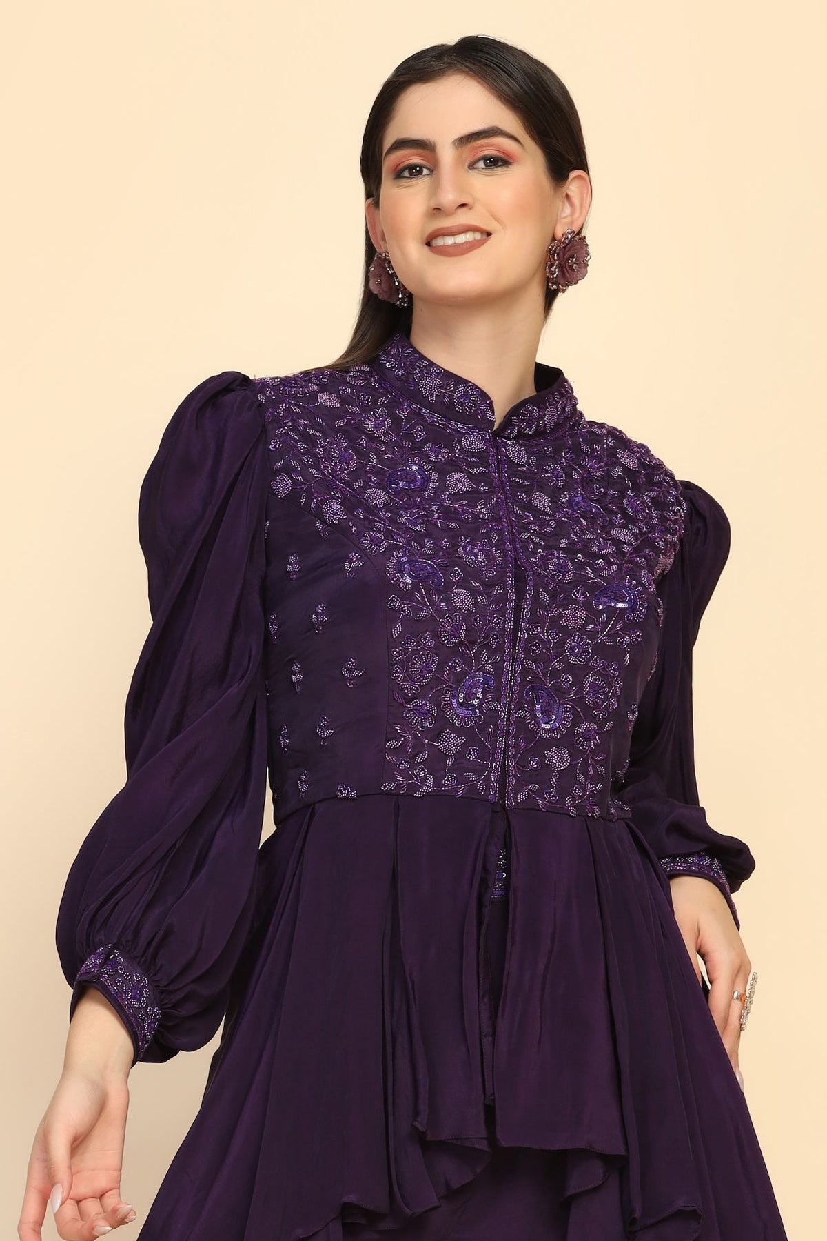 Gorgeous Purple Color Floral Motif Peplum Top Lehenga Set