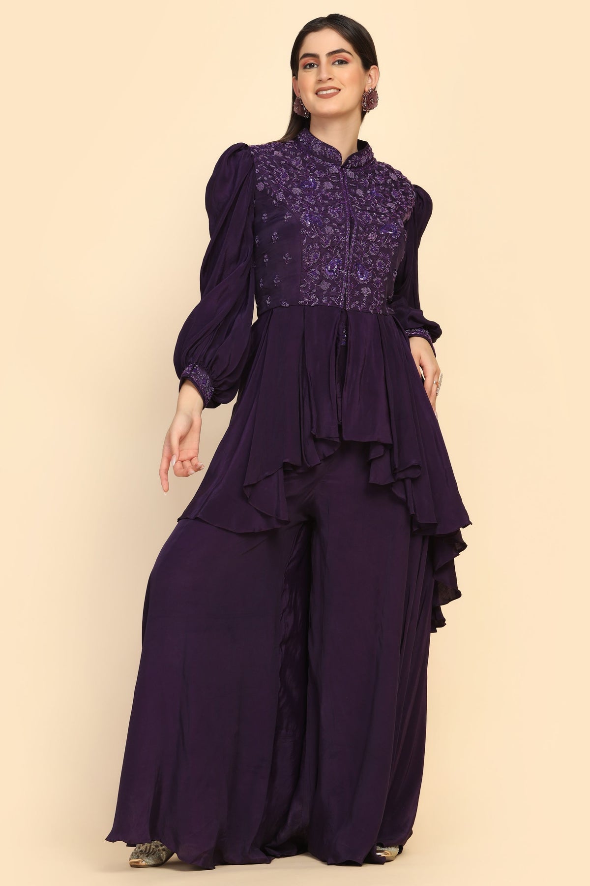 Gorgeous Purple Color Floral Motif Peplum Top Lehenga Set