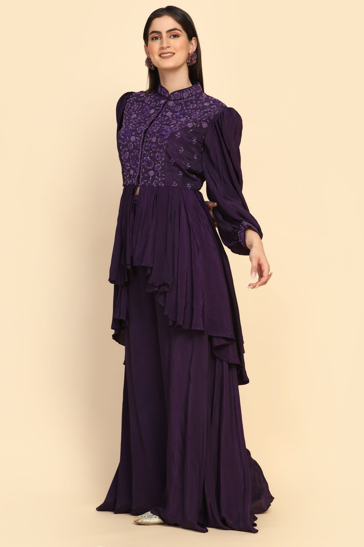Gorgeous Purple Color Floral Motif Peplum Top Lehenga Set