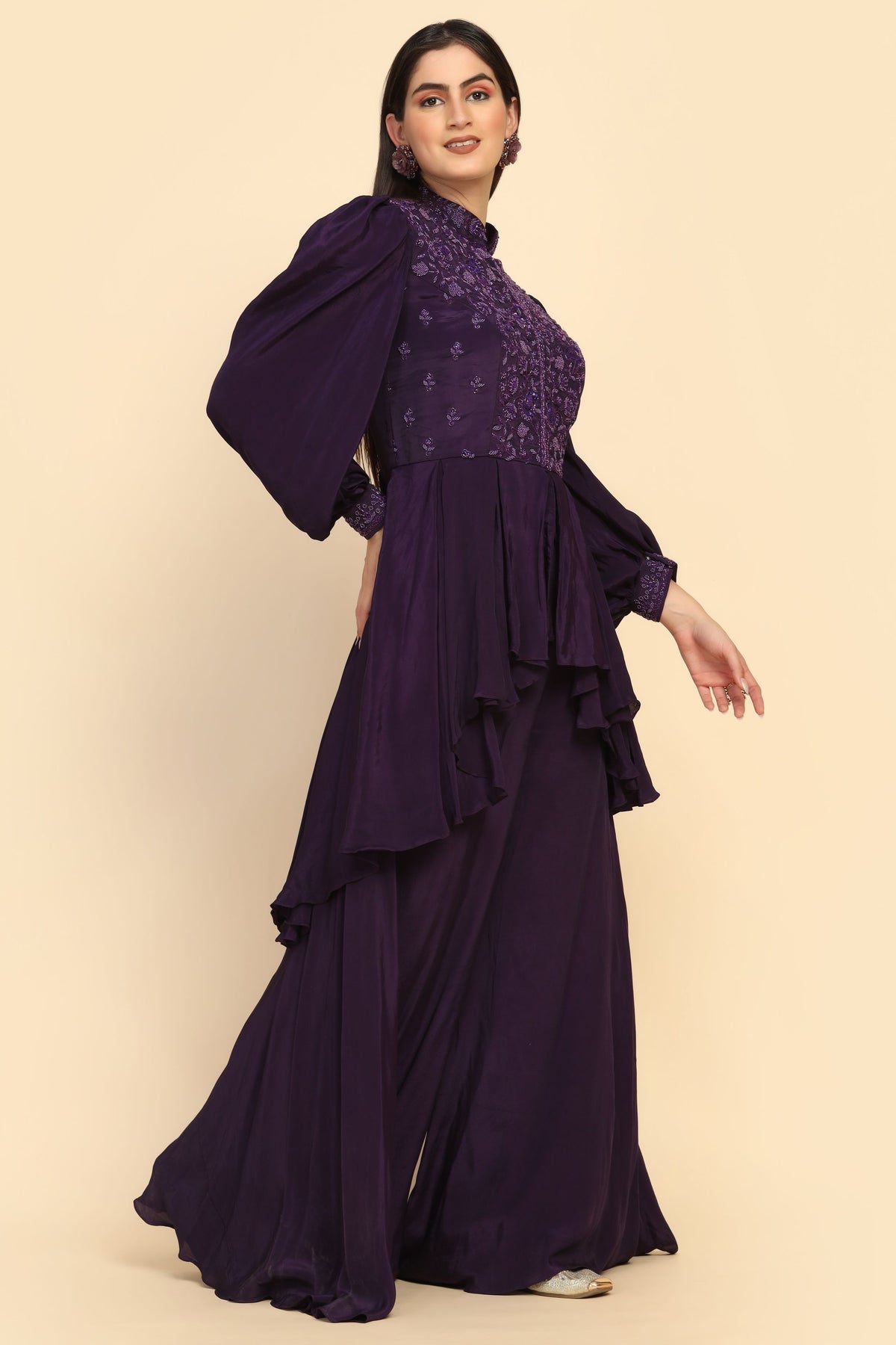 Gorgeous Purple Color Floral Motif Peplum Top Lehenga Set