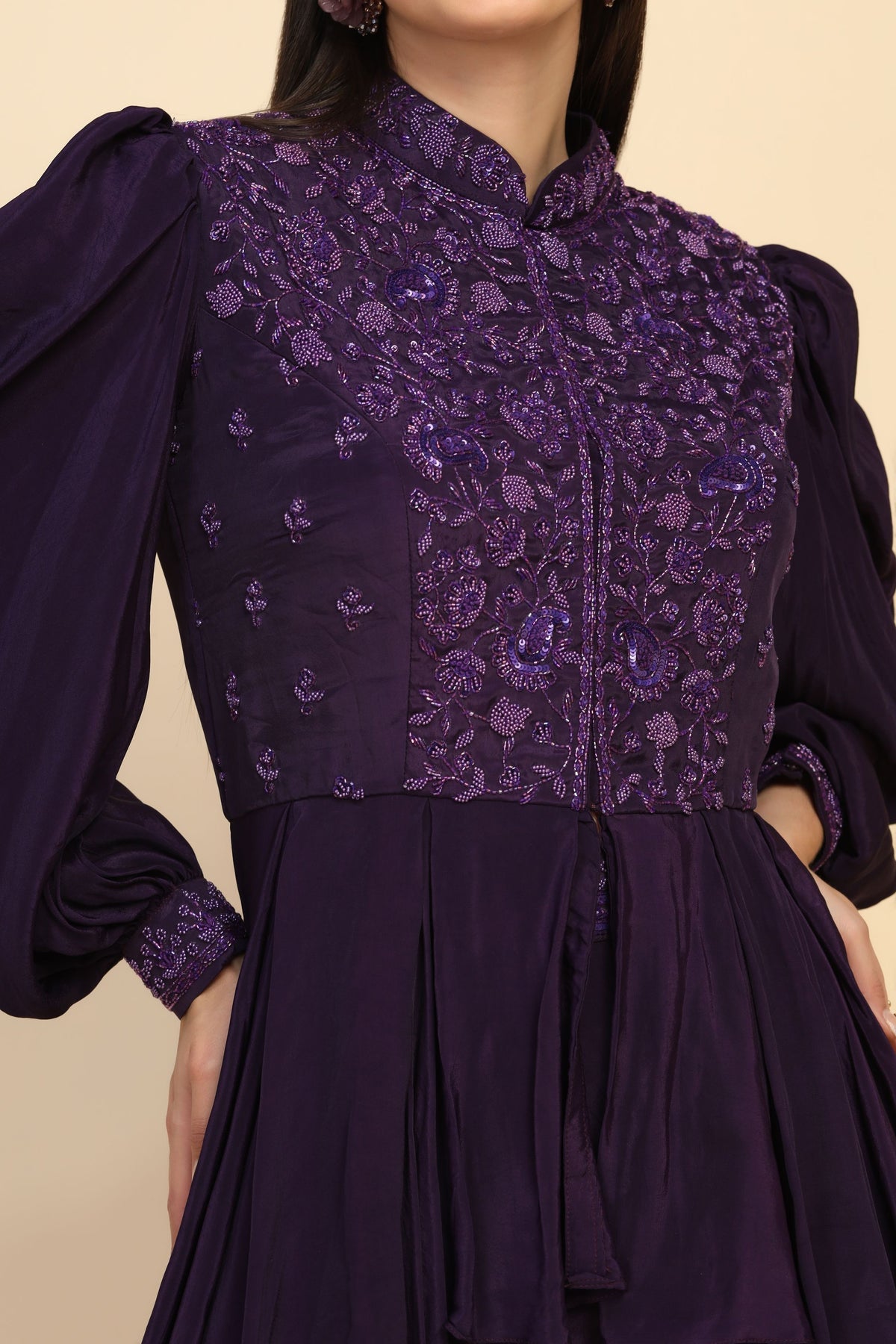 Gorgeous Purple Color Floral Motif Peplum Top Lehenga Set