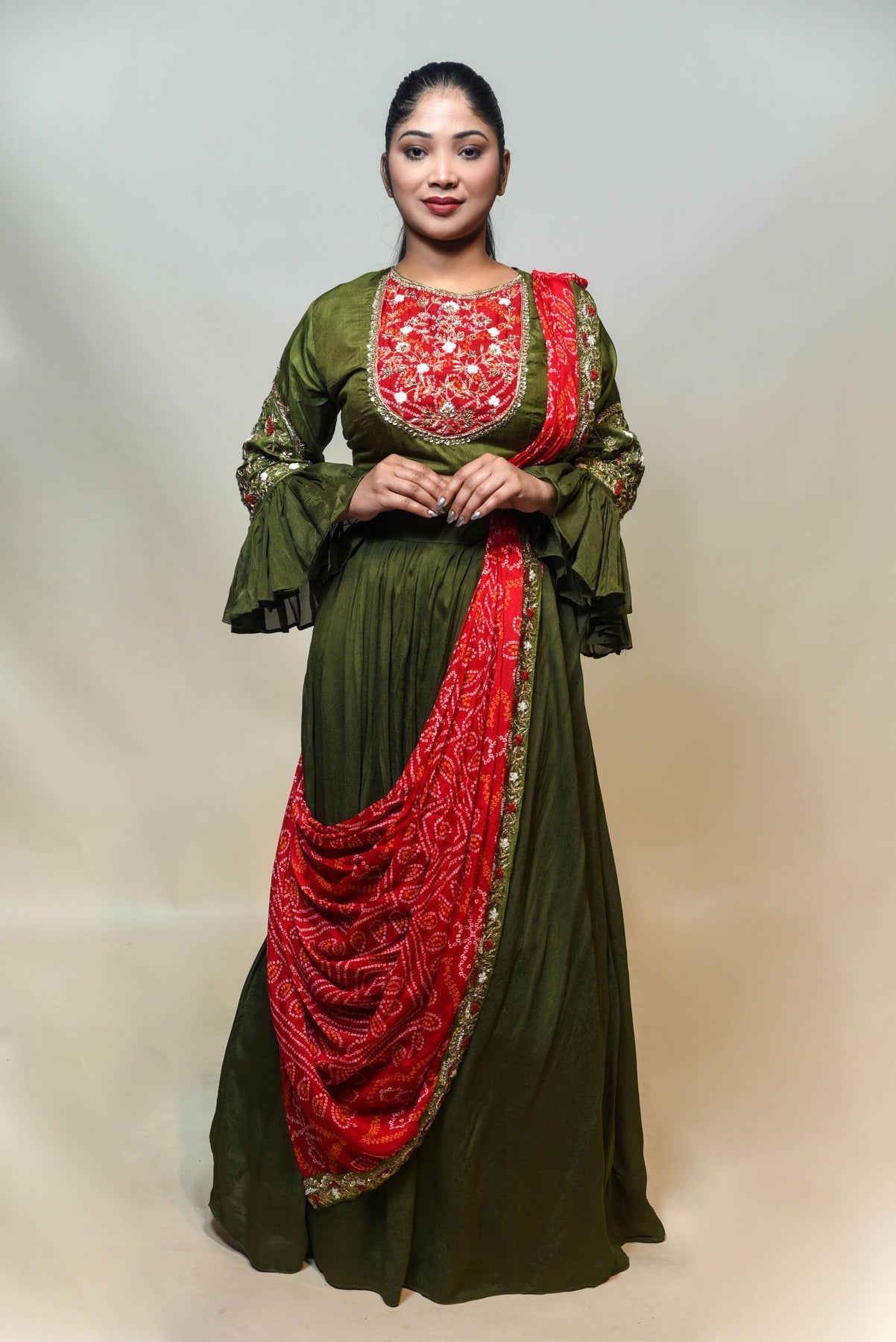 beautiful green color floral motif embroidered dress