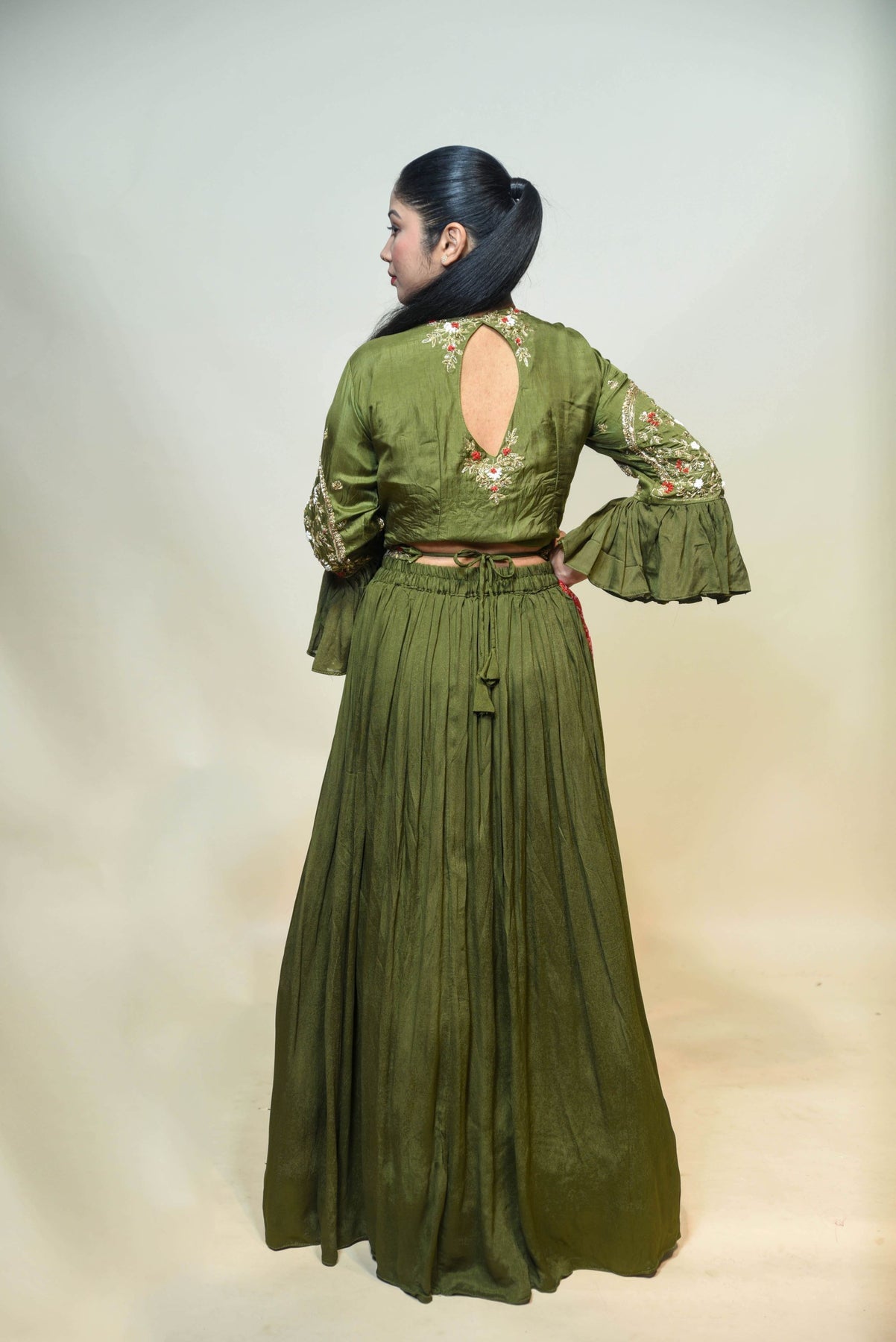 beautiful green color floral motif embroidered dress