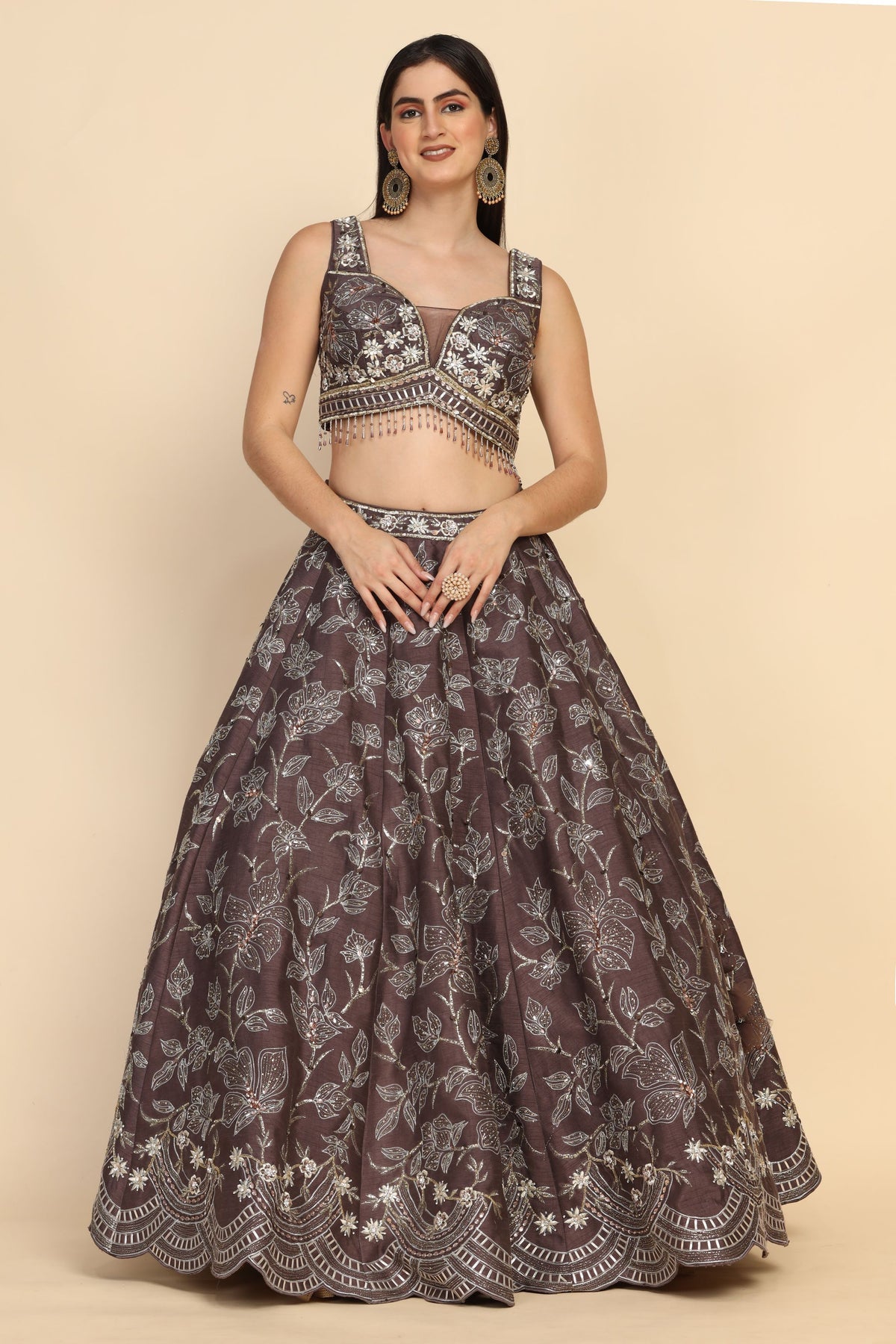 adorable mauve color floral motif embroidered lehenga