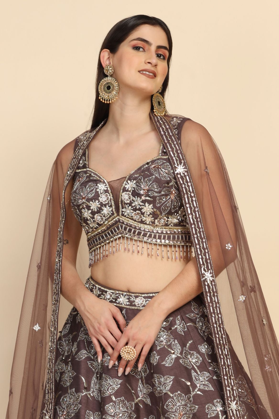 adorable mauve color floral motif embroidered lehenga