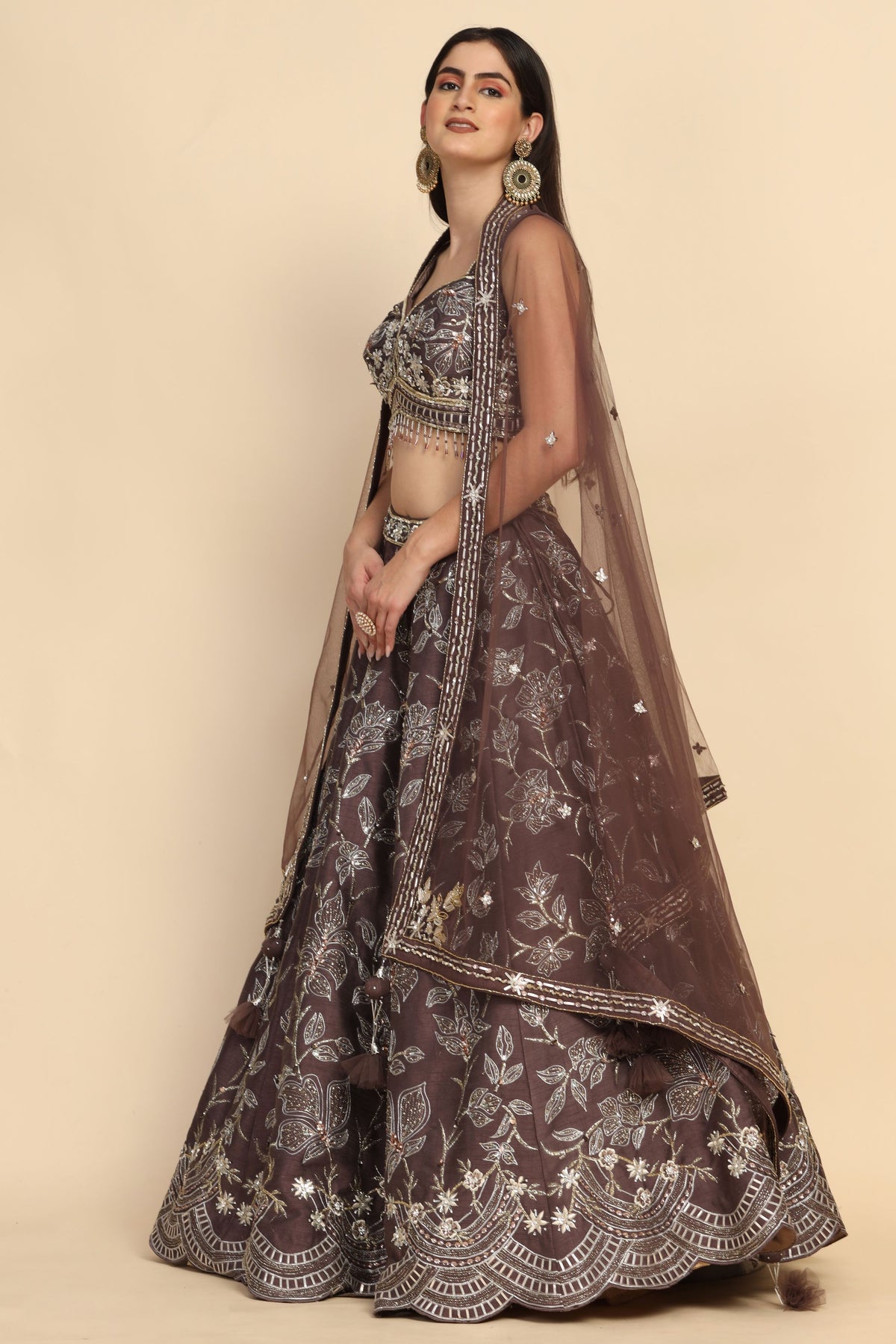 adorable mauve color floral motif embroidered lehenga