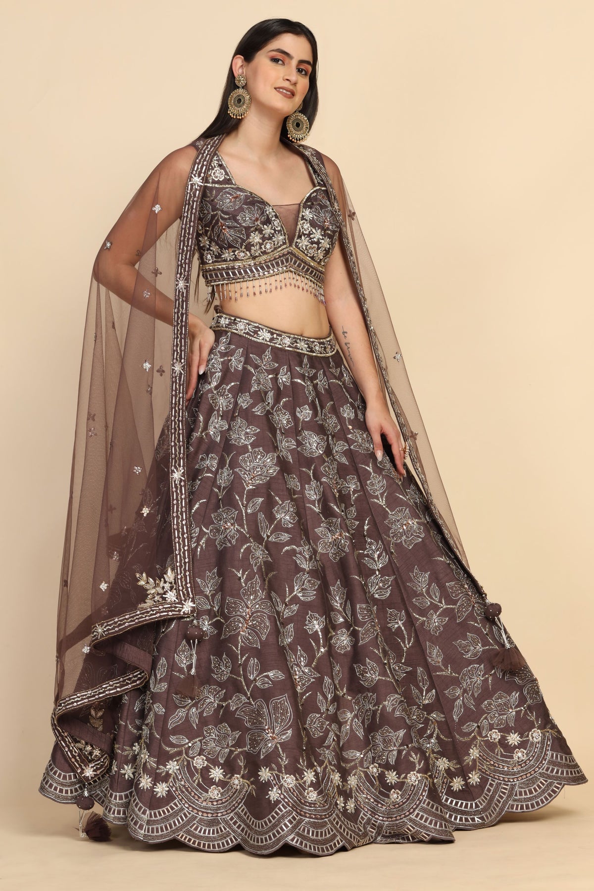 adorable mauve color floral motif embroidered lehenga