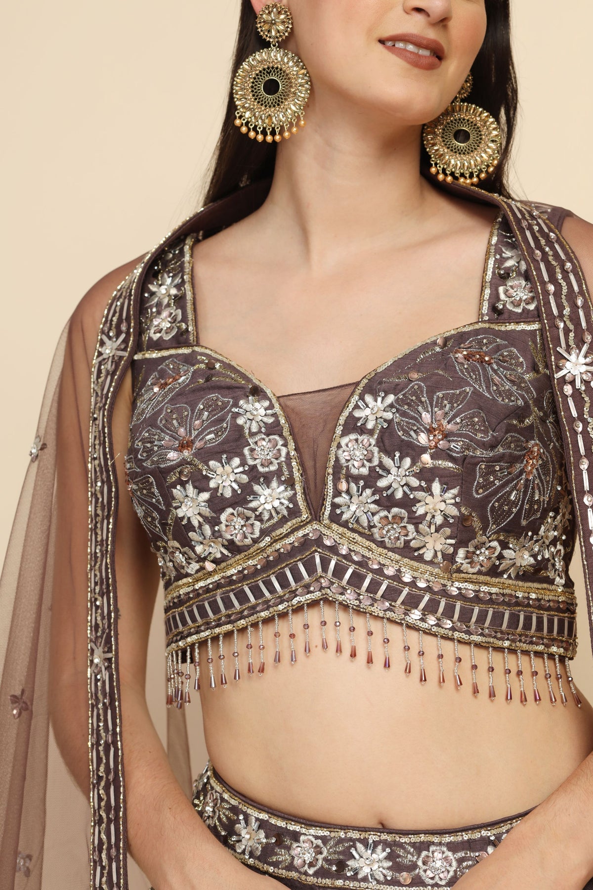 adorable mauve color floral motif embroidered lehenga