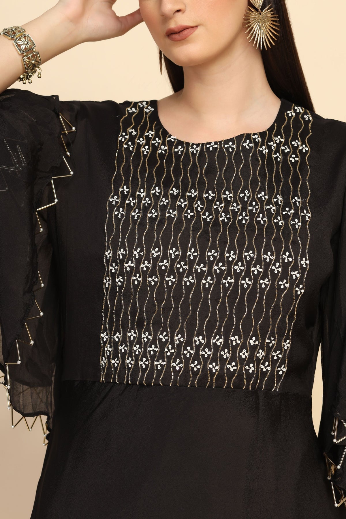 Gorgeous black color floral motif embroidered dress