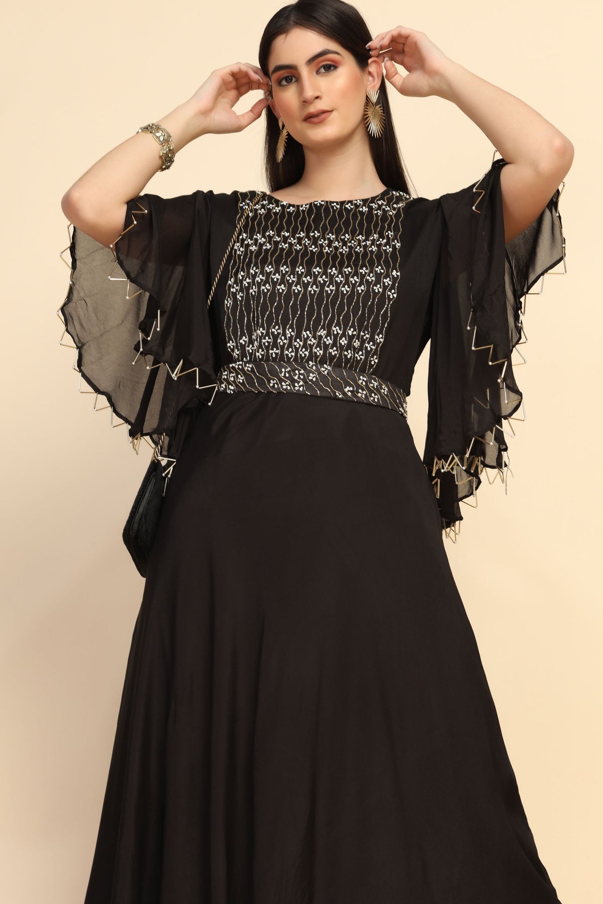 Gorgeous black color floral motif embroidered dress