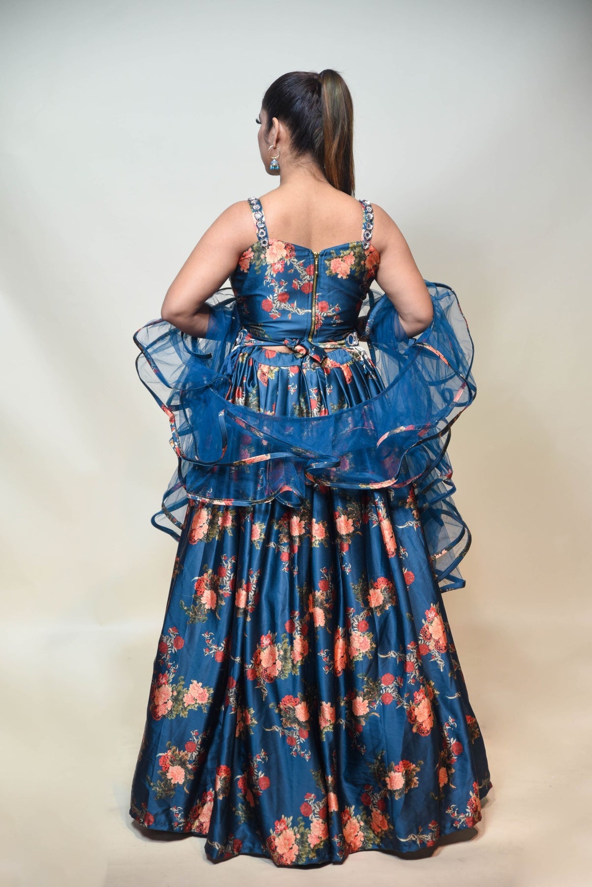 Beautiful Blue Color Floral Motif Printed Embroidered Lehenga