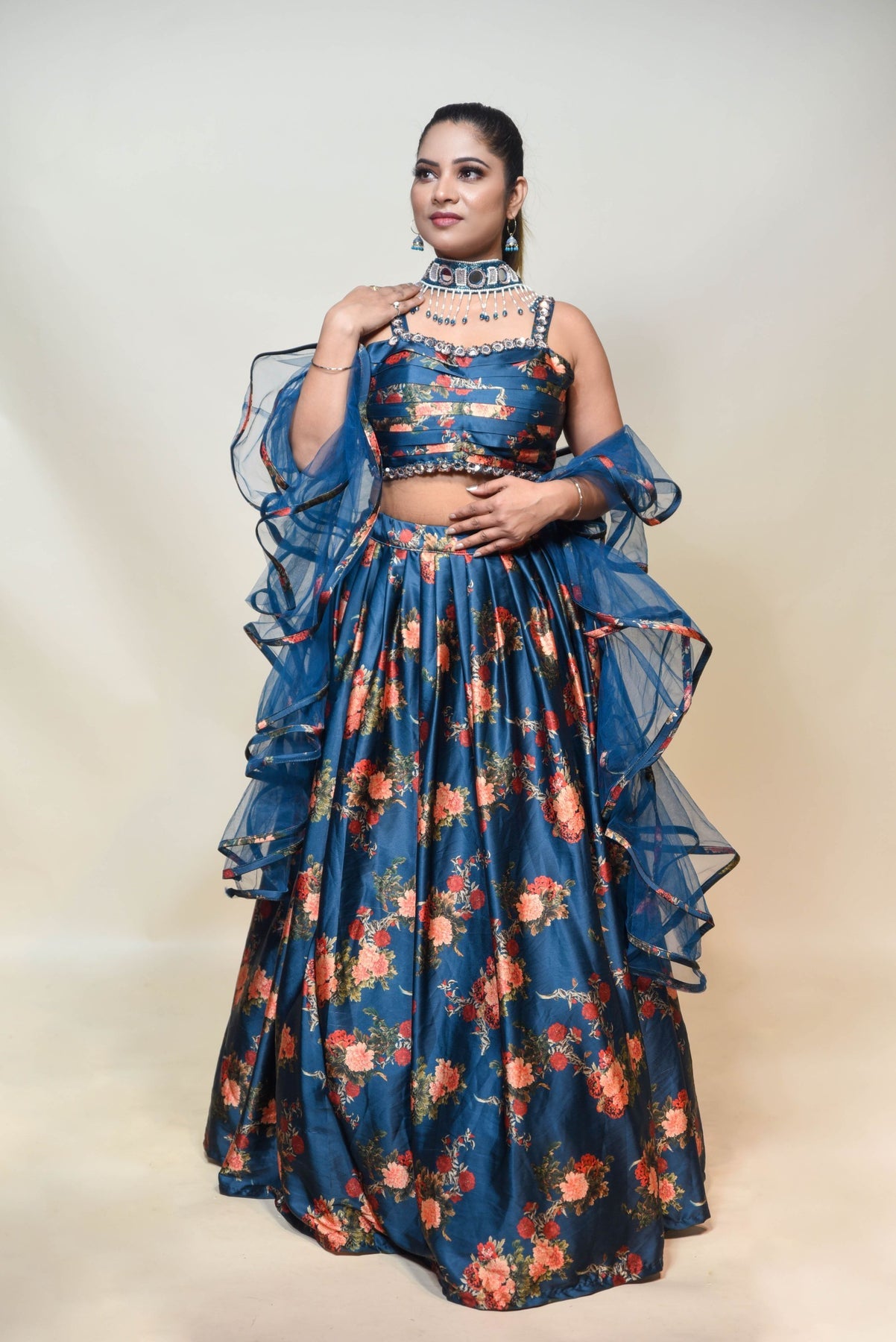 Beautiful Blue Color Floral Motif Printed Embroidered Lehenga