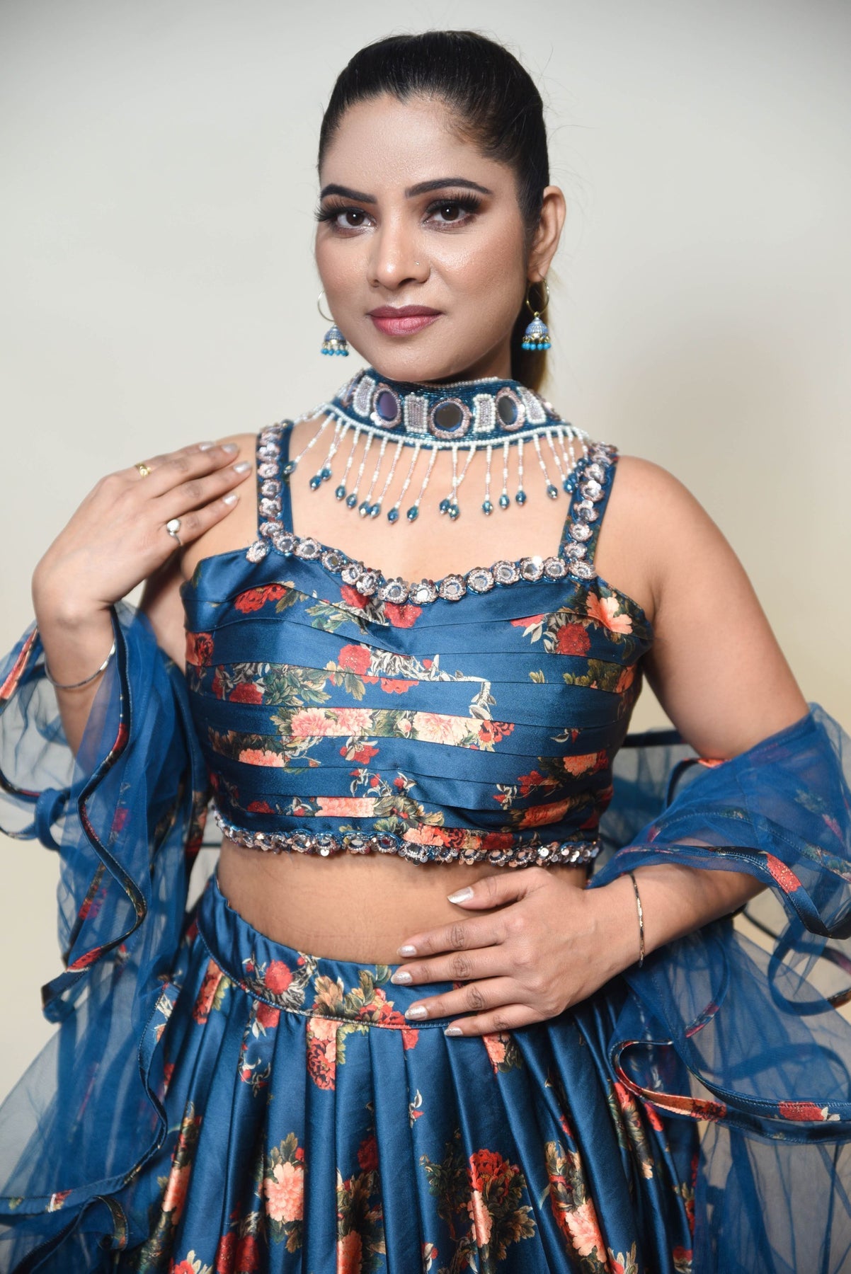 Beautiful Blue Color Floral Motif Printed Embroidered Lehenga