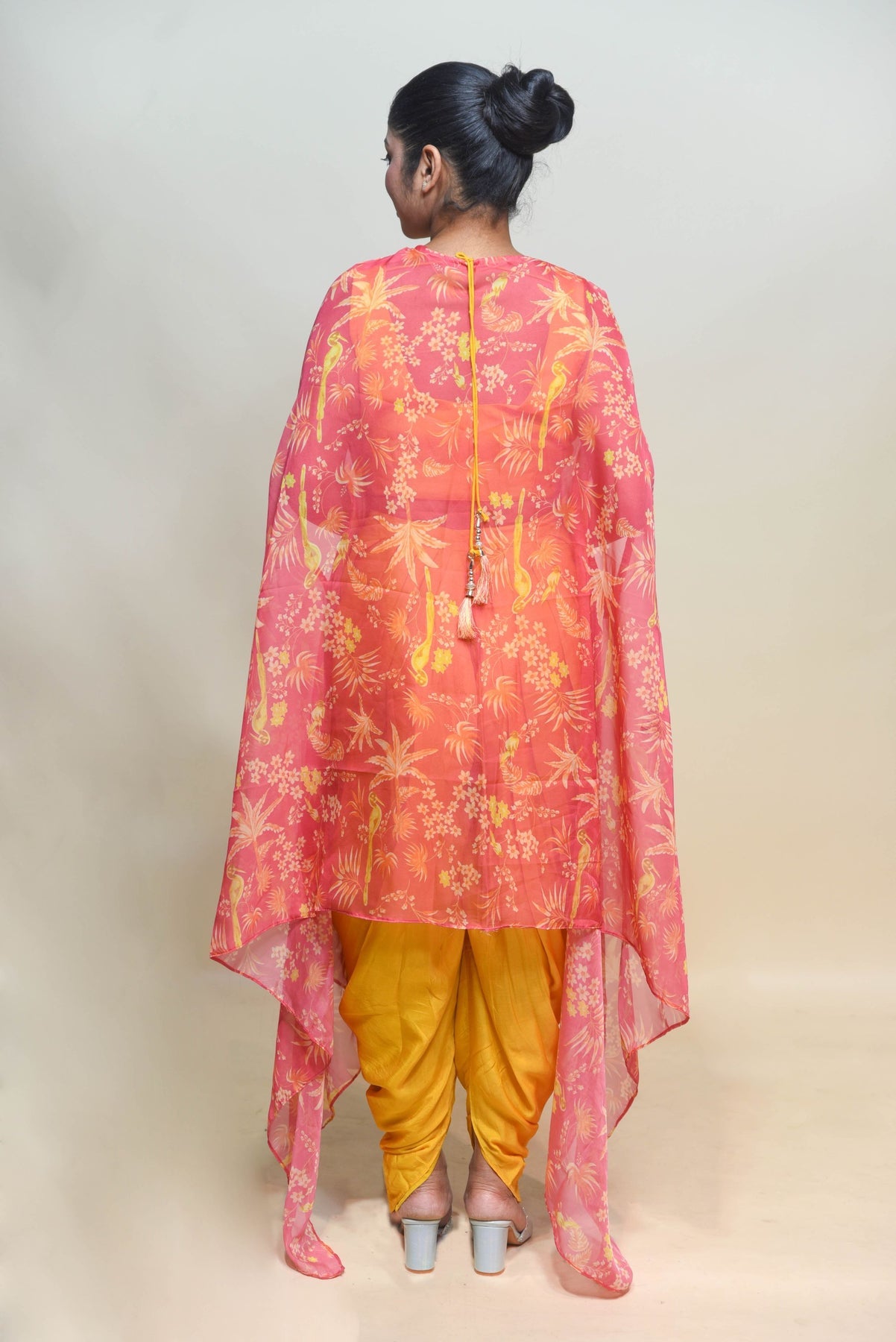 classic yellow color floral motif dhoti style dress