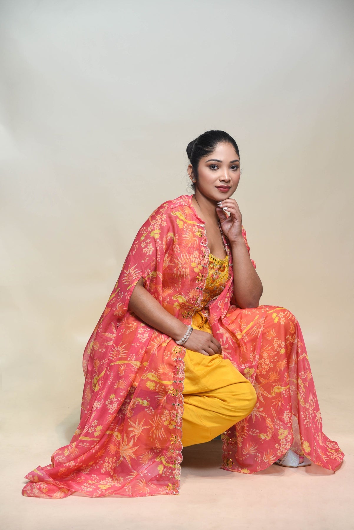 classic yellow color floral motif dhoti style dress