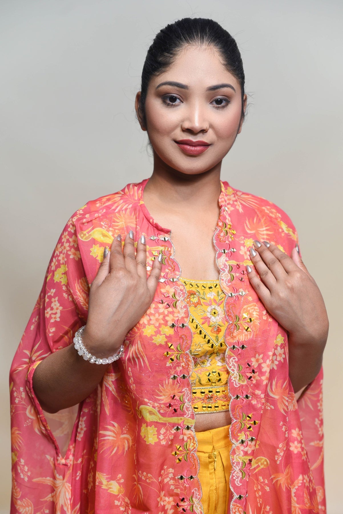 classic yellow color floral motif dhoti style dress