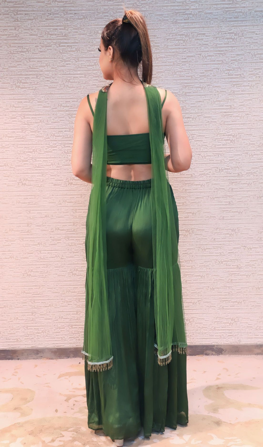 elegant green color geometrical motif palazoo set