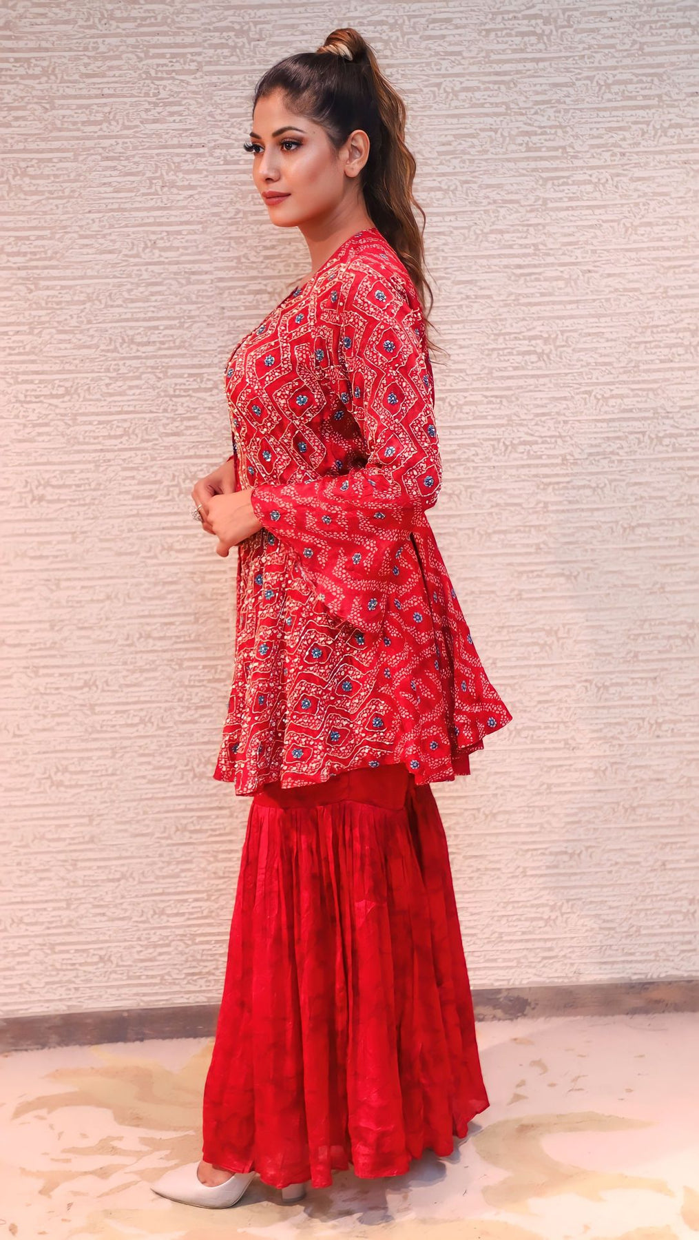 stylish red color floral motif printed sharara set