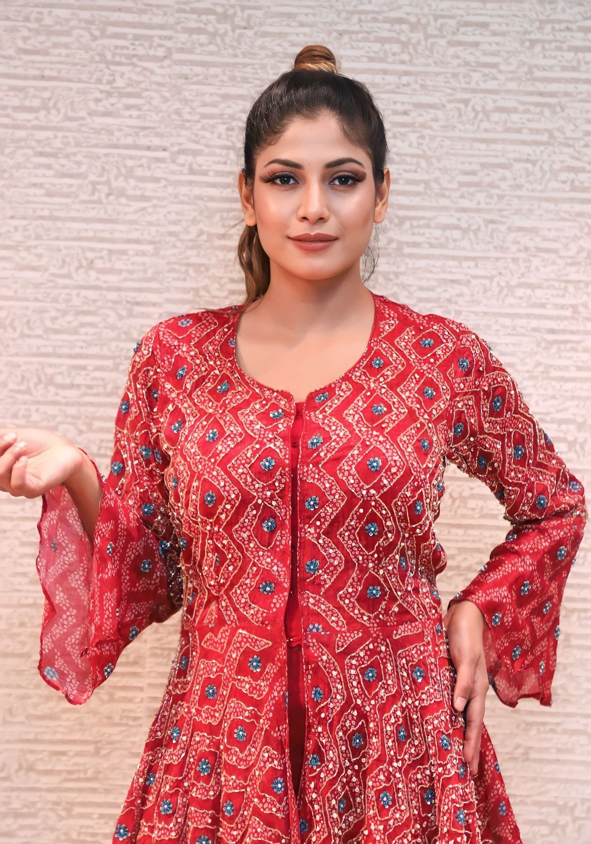 stylish red color floral motif printed sharara set